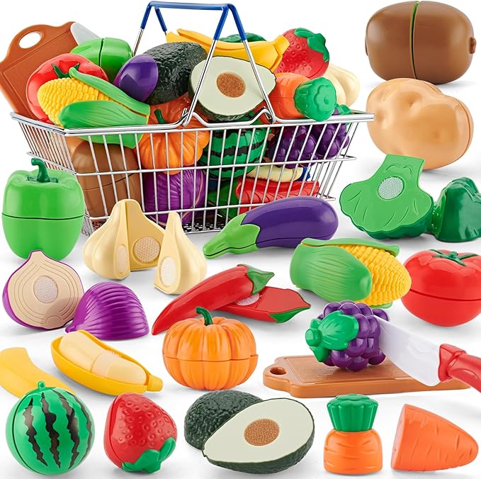 20 Pcs Pretend Play Cutting Food Set Toys for Boys Girls Toddlers Age 3 4 5 Kitchen Set Fruits Vegetable with Stainless Steel Basket