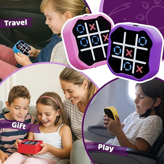 4-in-1 Rechargeable Electronic Tic Tac Toe Game – Handheld Travel Toy with Memory & Whack-a-Mole, Silent Mode, Fun for Kids & Adults, Gift for Kids Age 3+, Purple
