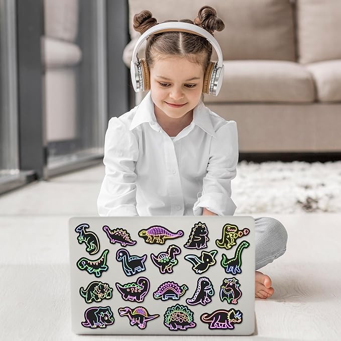 51 Pcs Neon Dinosaur Stickers for Kids, Dinos Sticker for Water Bottle, Vinyl Waterproof Laptop Decals for Teens Girls Boys, Students Adults Sticker Pack