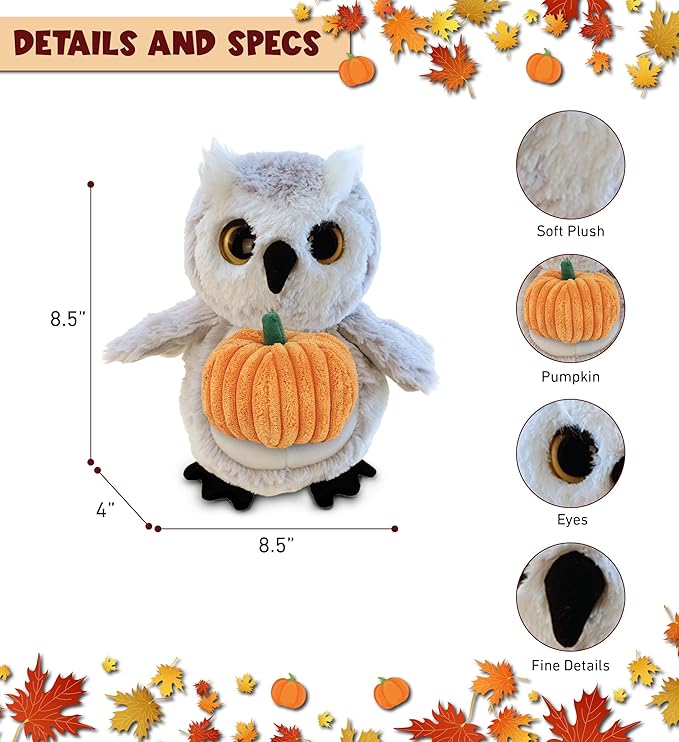 DolliBu Super Soft Owl Stuffed Animal with Pumpkin Decor and Name Personalization - Plush Animal for Fall, Halloween and Thanksgiving for Baby, Kids, Adults - 8.5 Inches