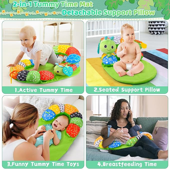 ARANEE 2-in-1 Tummy Time Mat & Seated Support Pillow Baby Toys 6-12 Months, Baby Tummy Time Toys Sit Me Up Floor Seat for Newborns and Older Babies, with Detachable Support Pillow and Toys