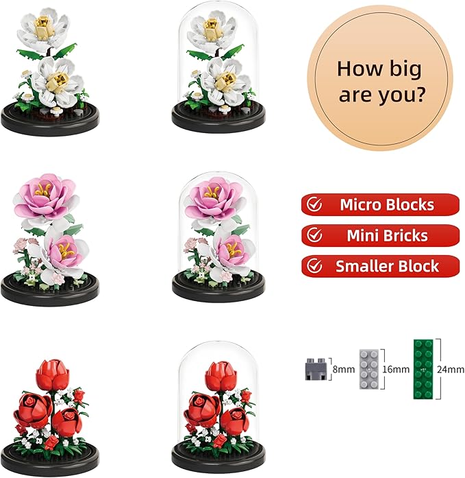 Mini Brick Flower Building Kit with Display Cover- 500PCS Micro Bricks for Realistic Artificial Flowers, Gardenia,Rosa multiflora Thunb and Rose,Perfect for Home Decor and Gifts