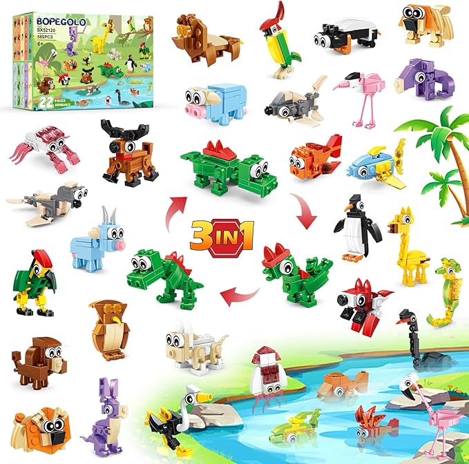 22 Pack Party Favors for Kids – 3-in-1 Animal Building Block Toys, Featuring 66 Designs, Goodie Bag Stuffers, Classroom Rewards, Birthday for Kids Ages 6-12