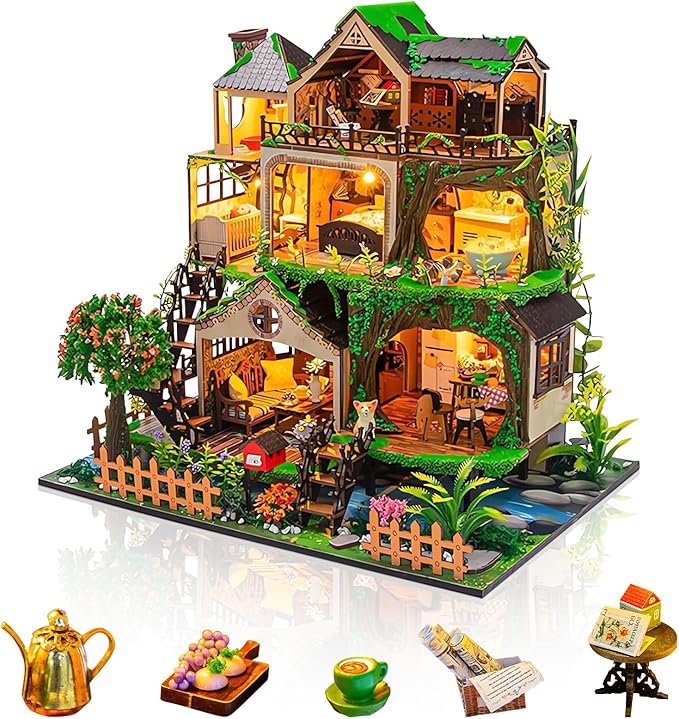 Miniature House Kit, Tiny House Kit with LED, DIY Mini House Building Kits for Adults to Building, Unique Gift for Birthday Christmas, Forest L2501