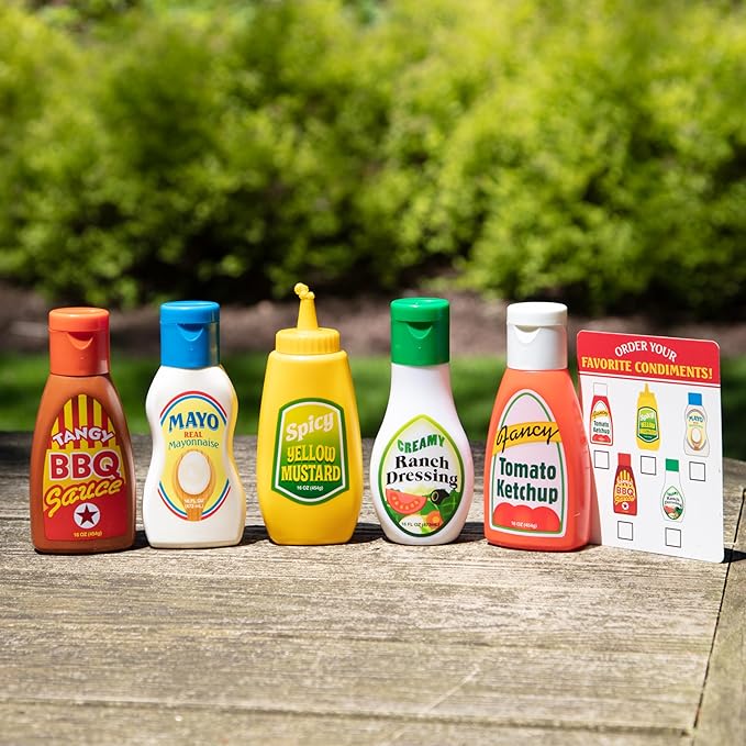 Melissa & Doug 5-Piece Favorite Condiments Play Food Set Play Ketchup and Mustard Bottles, Pretend Food Set for Kids Ages 3+