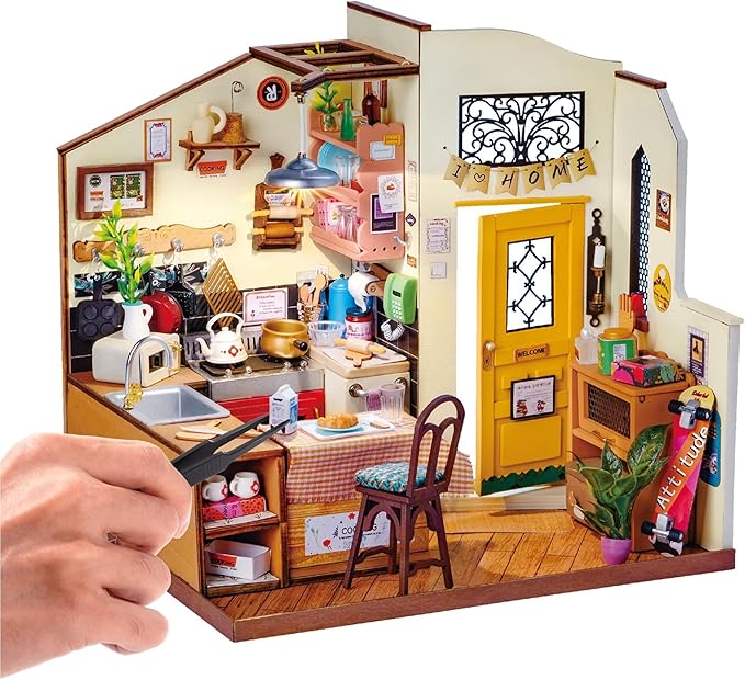 ROBOTIME Miniature House Kit DIY Mini Dollhouse with Furniture Tiny Room Kit with LED Light Hobby Wooden Craft Diorama Gift for Adults (Cozy Kitchen)
