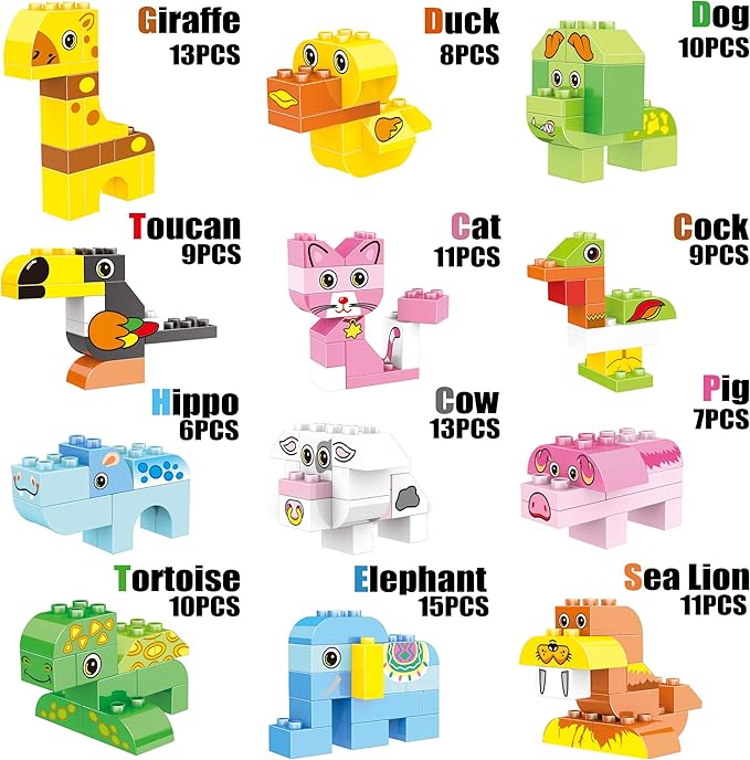 Building Blocks Set for Toddlers, Creative Large Building Bricks, Toy Animals Building Kit, Preschool Learning Educational Toys for Kids Boys Girls Gifts for 3+ Years Old (122 Pieces)