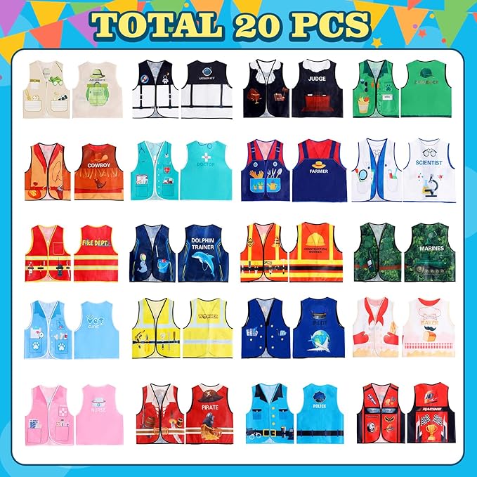 Haysandy 20 PCS Kids Dress Up Vest Community Helper Costumes Kids Role Play Career Cosplay Clothes for Toddlers Pretend and Play Halloween Costume Doctor Police Fireman Construction, Birthday Gifts