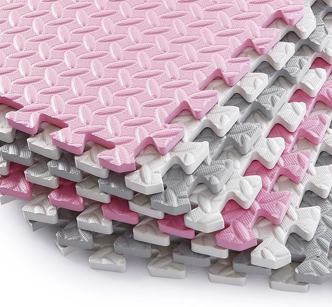 Foam Play Mat for Baby, 0.4 Inch Thick Foam Interlocking Floor Mats, Soft Non-Toxic Baby Playmat, Solid Colored Puzzle Play Mat Kids Floor Mats for Toddler, 16 Tiles(White/Light Gray/Pink)