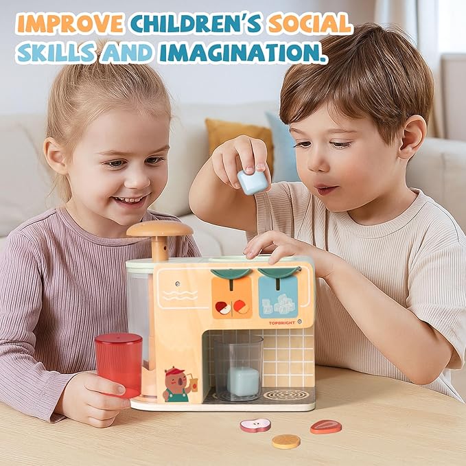 Top Bright Drink Dispenser Kids Play Kitchen Accessories, Pretend Play Toys Food with Sounds Effects, Wooden Kitchen Playset for Toddlers 3+