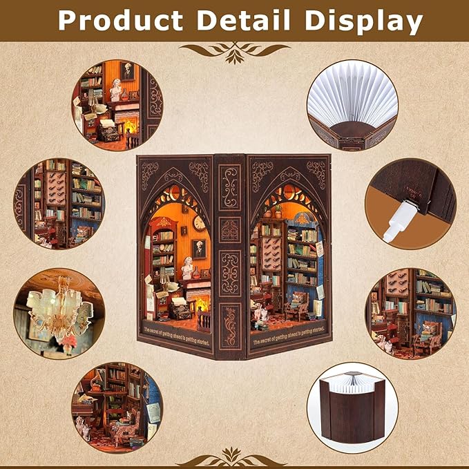Book Nook Kit with LED Light,Beautiful Bookshelf Décor,Ideal Craft Gift for Adults & Teens for Birthdays, Halloween, and Christmas.