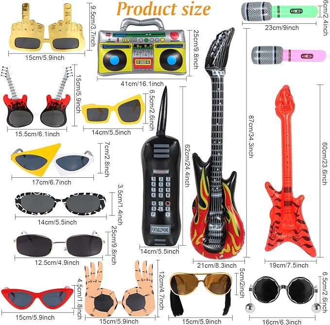 80s 90s Party Supplies, Photo Booth Props for 90s 80s Party Favors, Retro Glasses, Inflatable Boombox Radio Mobile Phone Guitar Microphone, Hip Hop Theme Retro Neon Party Supplies