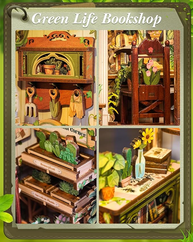 Cutefun Book Nook Kit - DIY Miniature Dollhouse Booknook Kit for Adults and Teens, Tiny House Bookshelf Insert Decor with LED Light, Gifts for Family and Friends (Green Life Bookshop)