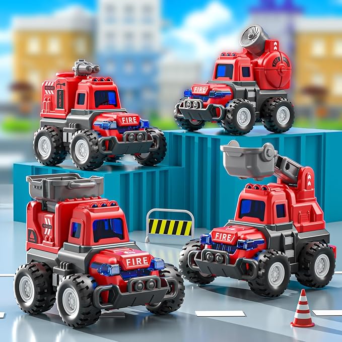 4 Pack Fire Trucks Toys for Toddlers Kids 2-4 Years, Press and Go Cars for Toddlers Boys Girls with Flexible Joints, Kids Toddlers Toys for 3 4 5 6 Years Old Boys Girls Birthday Gifts