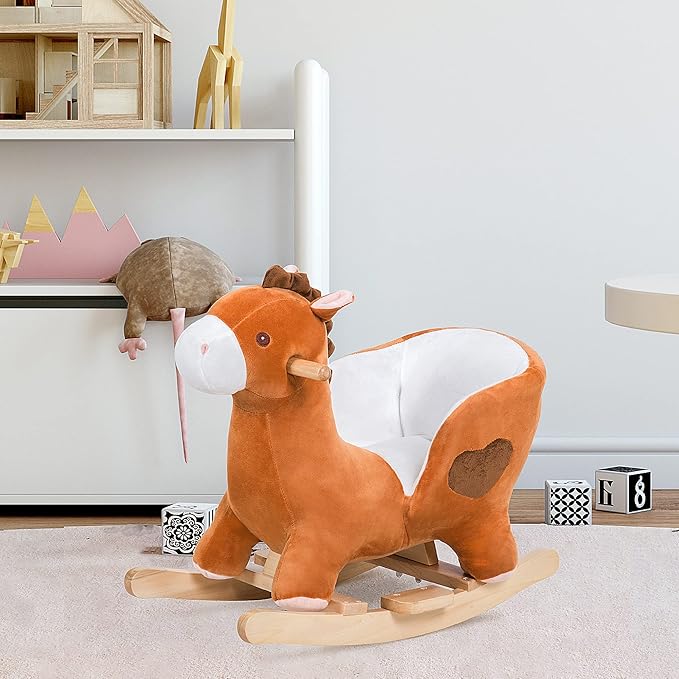 Qaba Kids Ride On Rocking Horse, Plush Animal Toy Sturdy Wooden Rocker with Songs for Boys or Girls