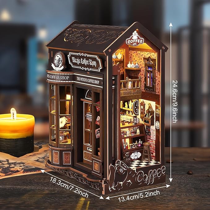 DIY Book Nook Kit, Miniature Dollhouse Bookshelf Insert with Light, Laser-Cut Wooden Craft Set for Adults, Perfect for Teens and Adults, Coffee Shop