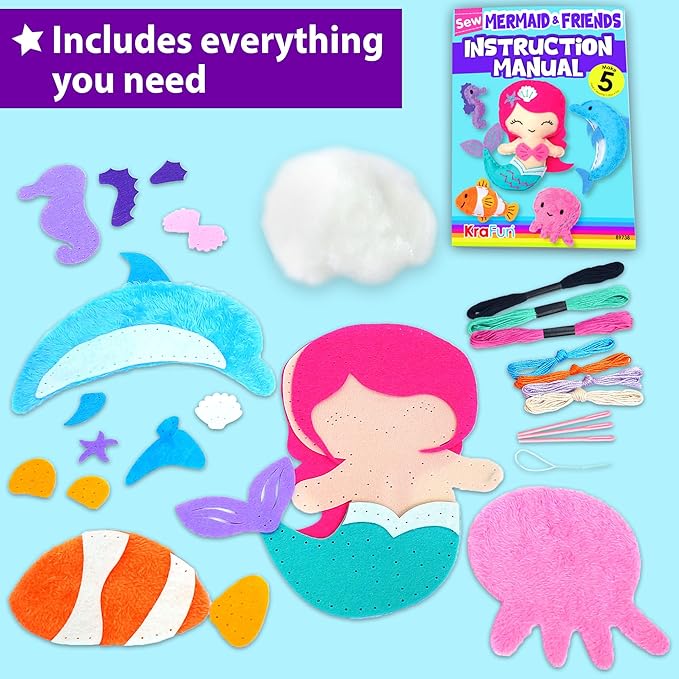 KRAFUN Mermaid Sea Animals Beginner Sewing Kit for Kids Art & Craft kit, Includes 5 Soft Plush Dolls, Instructions & Felt Materials for Learn to Sew, Embroidery Skills, Gift for Girls Educational