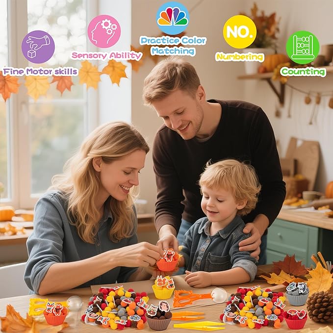 EZdhuawuse Fall Sensory Bin Fillers - 267 Autumn Animals Thanksgiving Fine Motor Toys Sorting Stacking Toys for Kids, Felt Hedgehog Squirrel Turkey for Preschool Education Early Development Activity