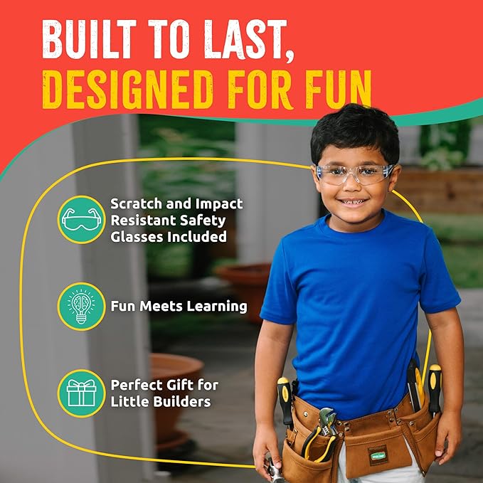 SparkJump Kids Brown Tool Belt, Adjustable Leather Tool Belt for Toddlers and Kids, Dress-Up Construction Costume for DIY Woodworking and STEM Learning