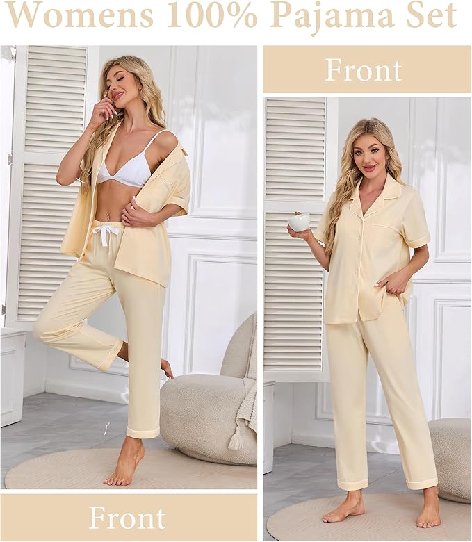CF Womens 100% Cotton Pajamas Set Button Down Pjs Sets Short Sleeve Top & Long Pants Sleepwear Comfy Loungewear with Pockets