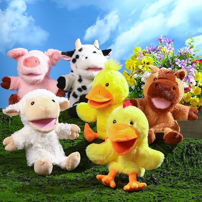 Lenwen 6 Pcs Operation Christmas Items Bulk Animal Hand Puppets with Working Mouth 10 Inches Plush Puppets for Toddler Kid Storytelling Imaginative Role Play Show Party Gifts(Farm Animal)