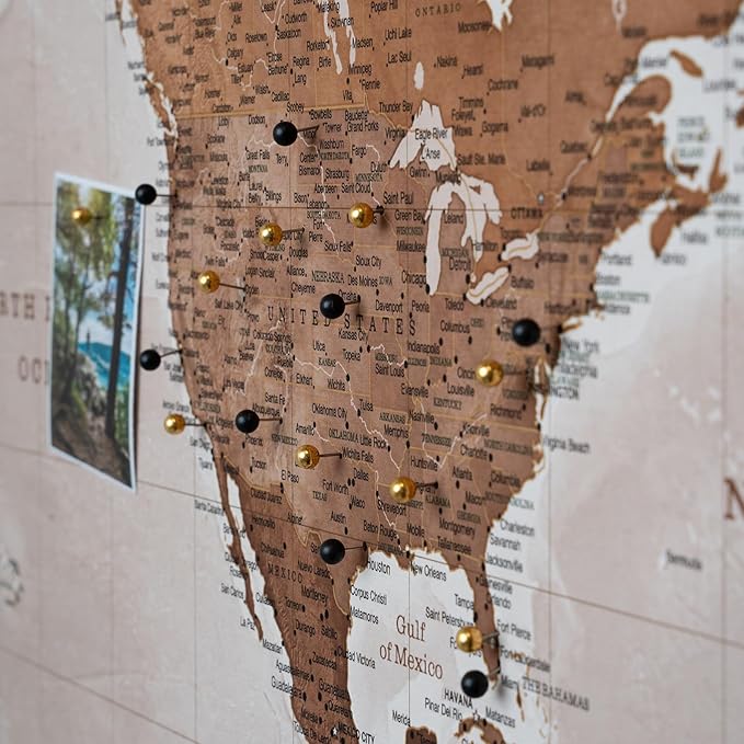 Canvas World Map with Cork Pin Board - English Lettering - Decorative Wall Decoration for All Rooms - Canvas Pictures with World Map Motif (120x80 cm, Pattern 17)