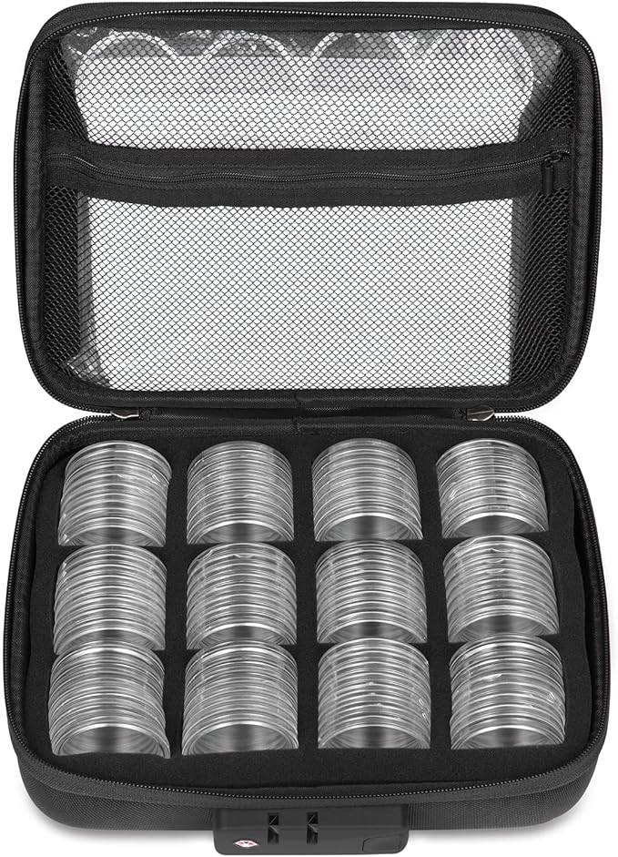 MUDOR 108 Pieces Silver Dollar Coin Holder,Storage Case with Lock for Collectors, 41mm Coin Collection Supplies,10 Size Gasket fits Cent,Nickel,Quarter, Morgan,Silver Eagle