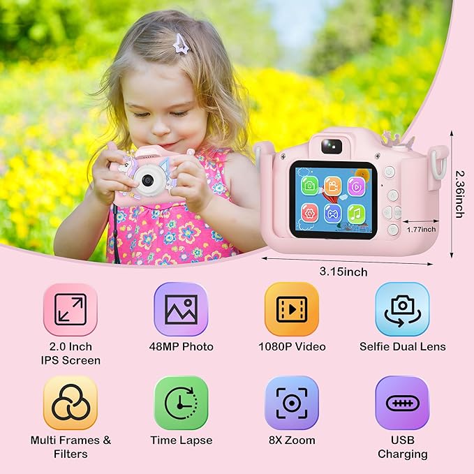 Contixo KC3A Kids Digital Camera - 1080P Toddler Camera with Selfie Mode, Games, Sound Recording, 8X Zoom, 32GB SD Card, USB-C Rechargeable Educational Toy for Boys Girls Ages 3-8, Pink