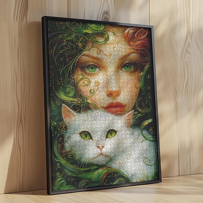Fantasy Women and White Cat Puzzles for Adults 1000 Pieces Jigsaw Puzzle Green Hair Girl Puzzles Art Challenge Family Game, Kitten Adult Puzzle