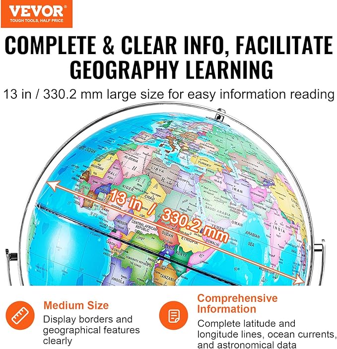 VEVOR Rotating World Globe with Stand, 13 in/330.2 mm, Educational Geographic Globe with Precise Time Zone ABS Material, 720° Spinning Globe for Kids Children Learning Classroom Geography Education