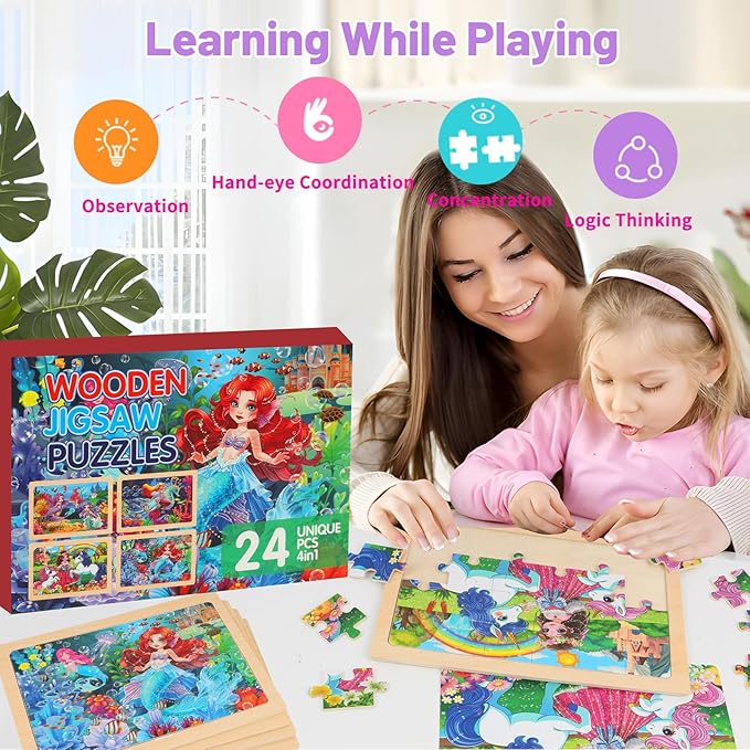 Wooden Puzzles for Kids Ages 4-6, 24 Piece Unicorn Mermaid Princess Jigsaw Puzzles 4 Packs, Preschool Toddlers Learning Activity Puzzles Toys for Girls 3 4 5 6 Years Old