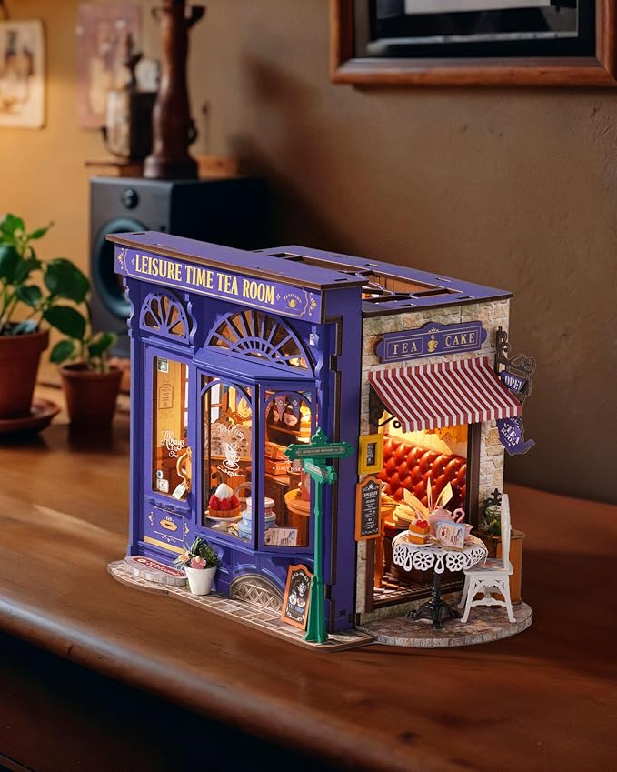 ROBOTIME DIY Miniature House Kit, Bakery Diorama House, Tiny House Kit for Adults, Mini Dollhouse Kit with Furniture Birthday Christmas Craft Hobbies Gift for Family/Friends (Leisure Time Tea Room)