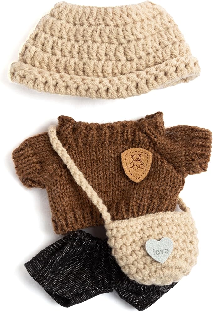 17cm Doll Clothing for Labubu - Kawaii Chic Style Set for 17cm Dolls, Premium Doll Outfit with Accessories - Khaki Wool Hat + Brown Romper + Black Jeans + Khaki Bag (Clothes Only)