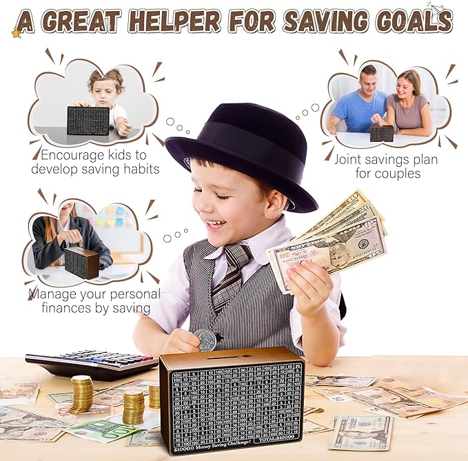 Wooden Money Saving Box, Cash Savings Box for $10000 $5000 $3000 $1000 $800 $500 Target Money Saving Challenge, Money Box with Counter/Dry Erase Pen/Savings Trackers/Rubber Band-Brown