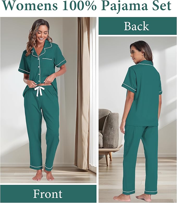 CF Womens 100% Cotton Pajamas Set Button Down Pjs Sets Short Sleeve Top & Long Pants Sleepwear Comfy Loungewear with Pockets