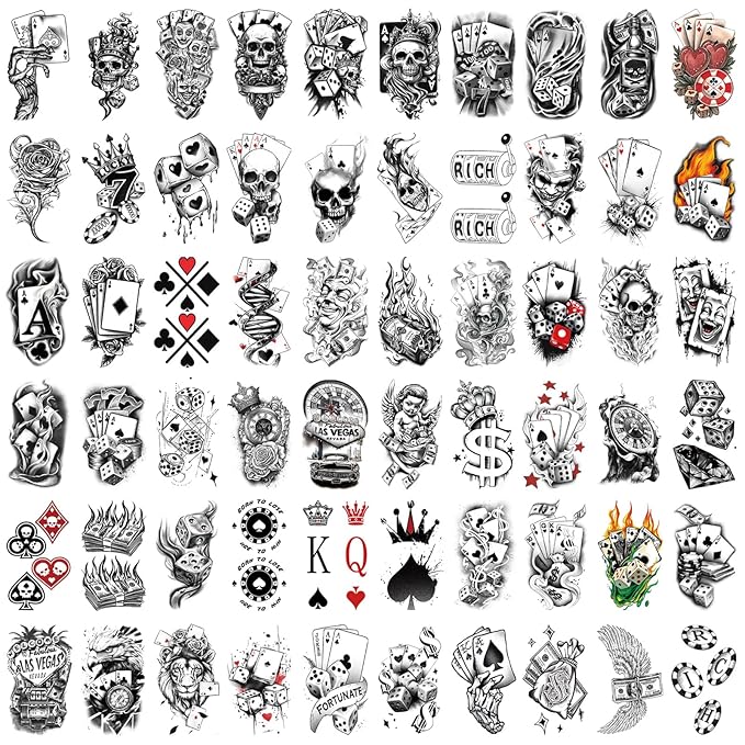 Casino Temporary Tattoos (77 Sheets), Fake Tattoo for Adults and Kids, Waterproof Fake Body Tattoo Stickers for Halloween, Parties, Cosplay, Casino Night - Realistic Poker/Dice/Skull/Chicano Designs