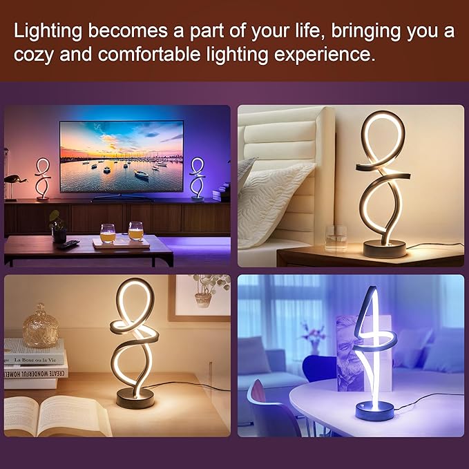 Mayful Modern RGB Table Lamp with LED Spiral Design, Black Bedside Lamp & Nightstand Lamp, Touch Dimmable with 7 Colors & 10 Modes for Bedroom, Living Room, Home Office, 15W