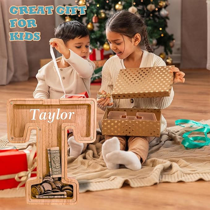 Wooden Letter Piggy Bank for Kids Larger Letter Piggy Bank for Boys and Girls Personalized Piggy Bank Initial Coin Bank Wood Kids Money Bank for Birthday and Festival