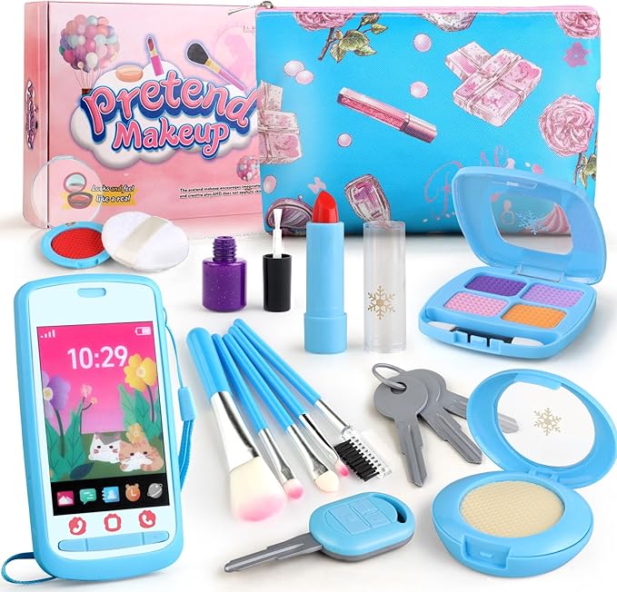 Pretend Makeup Kit for Kids 3-5, Blue Fake Makeup Set for Toddlers Girls, Play Makeup Gifts for Little Girls Age 3 4 5 6 7 Year Old, Make Up Toys Birthday (Blue)