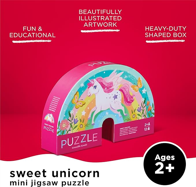 Crocodile Creek 12-Piece Mini Jigsaw Puzzle - Fun Floor Puzzles for Kids Ages 2-4 and Up - Heavy-Duty Shaped Box for Storage - Sweet Unicorn - 12" x 9" Finished