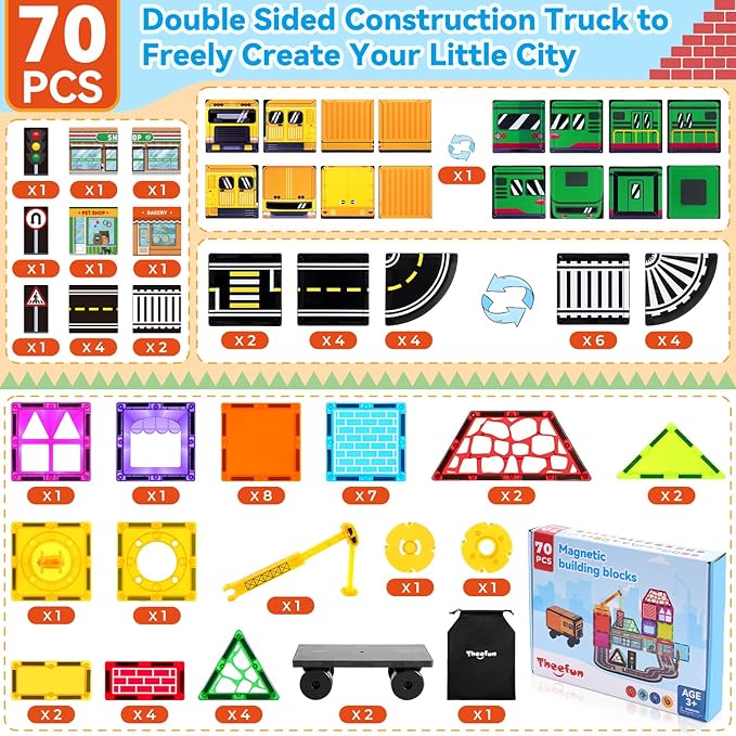 Theefun 70pcs Magnetic Tiles Road Set with Crane & 2 Cars Magnetic Blocks Double Side City STEM Construction Toy Gifts for Kids 3+ Years Old, Include 56 Magnetic Blocks, 13 Magnet Toppers, 1 Bag