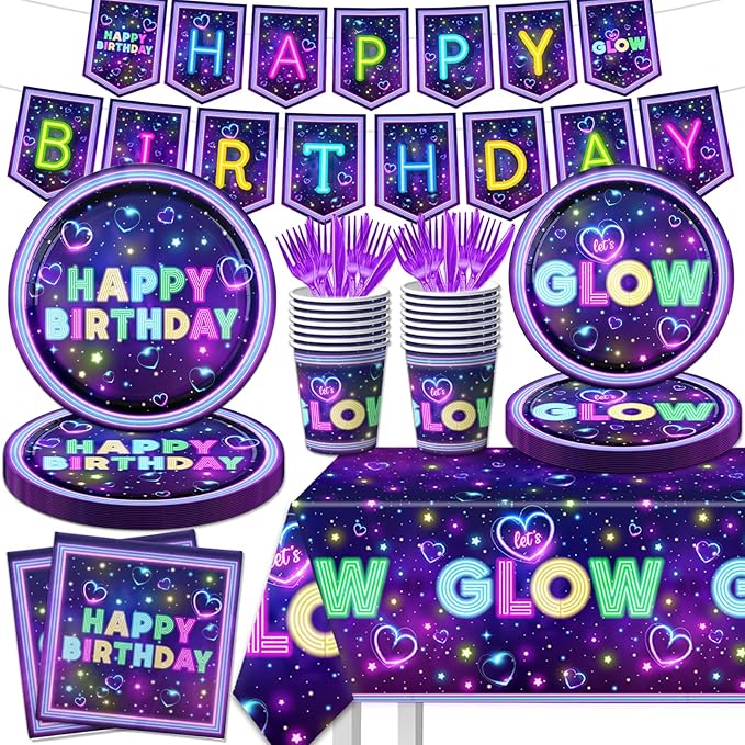 Glow Neon Party Supplies Tableware Set, 142Pcs Let's Glow Birthday Party Decorations Include Neon Plates and Napkins,Cups,Glow Tablecloths for Neon Party Decorations, Serves 20