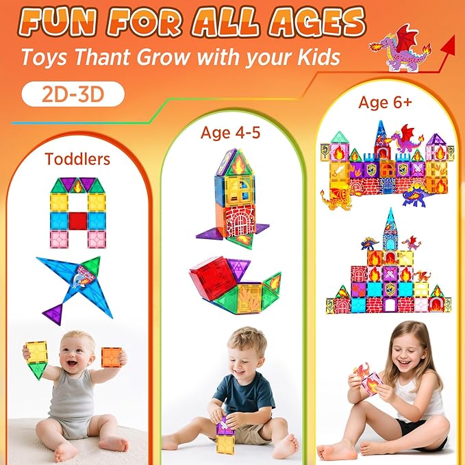 Dragon Toys, Magnetic Tiles 3D Building Toys, Creative Dinosaur Magnetic Construction Set with Inspirational, Recreational, Educational, 53 Piece