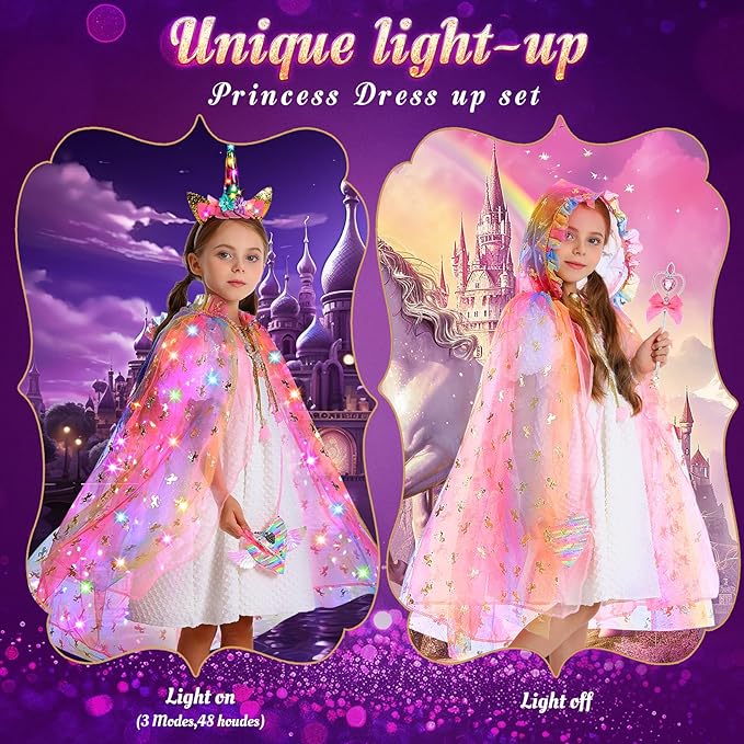 Fedio Princess Dress up for Girls,Unicorn Light up Princess Cape Set,Light up Princess Dress with Unicorn Toys for Girls 3-8 Halloween