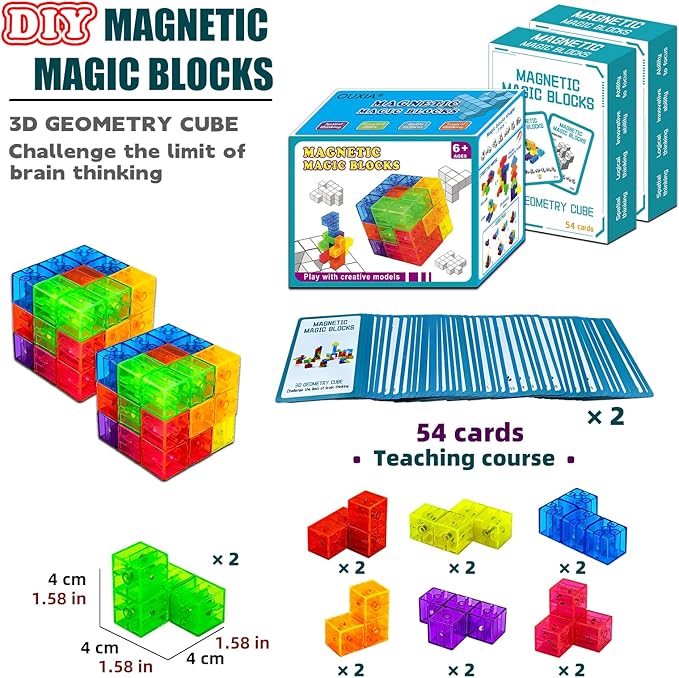 Kids Magnetic Building Blocks Magic Magnetic 3D Puzzle Cubes Set of 14 Multi Shapes with 108 Guide Cards, Parent-Child Interactive Children's Educational Toys
