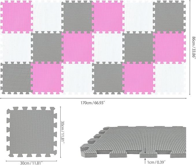 qqpp EVA Rubber 18 Tiles Interlocking Puzzle Foam Floor Mats - Baby Play Mat for Playing | Exercise Mat for Home Workout. White, Pink, Gray. QC-ACLb18N