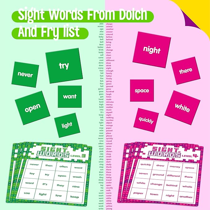 Sight Word Bingo Game, 144 Sight Words Learn to Read Level 3 & Level 4 Bingo Board Game Dolch's & Fry's Words Lists for Kindergarten and Preschool, Grade 1st, 2nd, Kids 4-8 (Up to 25 Players)