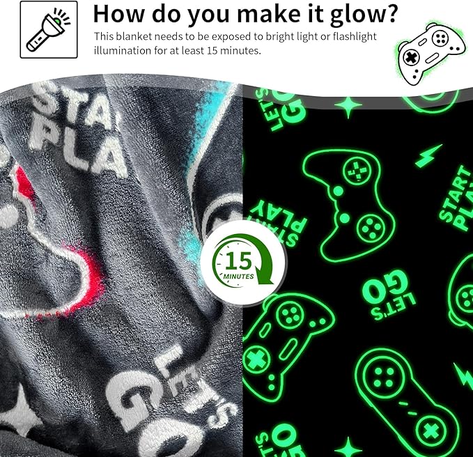 Gaming Blanket for Boys, Glow in The Dark Gamer Blankets for Teen Boys, Gaming Gifts for Men, Cool Gamer Gifts, Birthday 40"x 60"