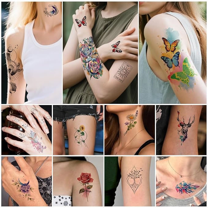 77 Sheets Nature Animal Temporary Tattoo for Women Men, 17 Sheets Half Arm Large Lion Flower Owl Fake Tattoos, 60 Sheets Butterfly Clock Black Tiny for Adult Kids Body Tattoos Stickers Realistic