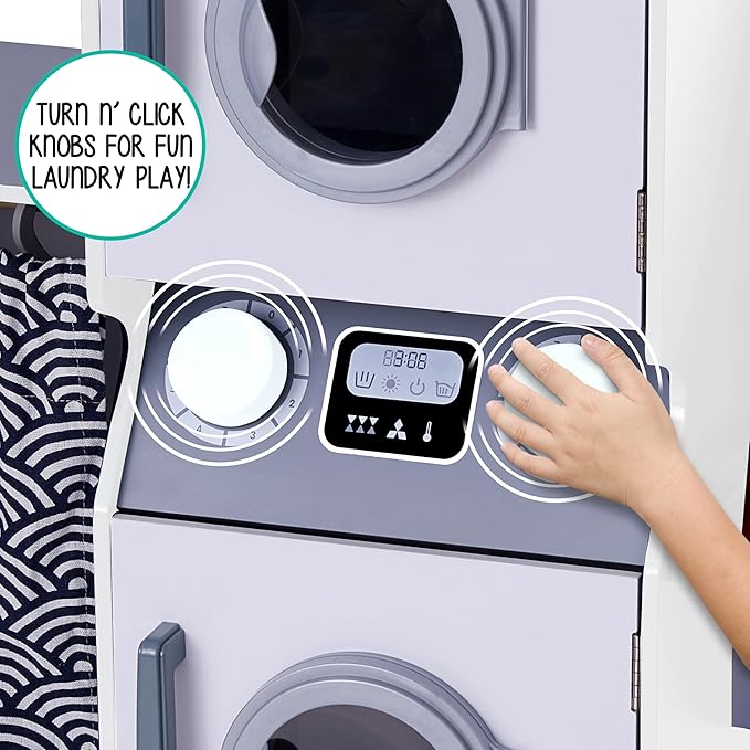 Lil’ Jumbl Kids Washer and Dryer Playset, Wooden Children's Pretend Laundry Set, Includes Broom, Dustpan, Iron, Hangers & Basket, Realistic Laundry Room for Kids - White